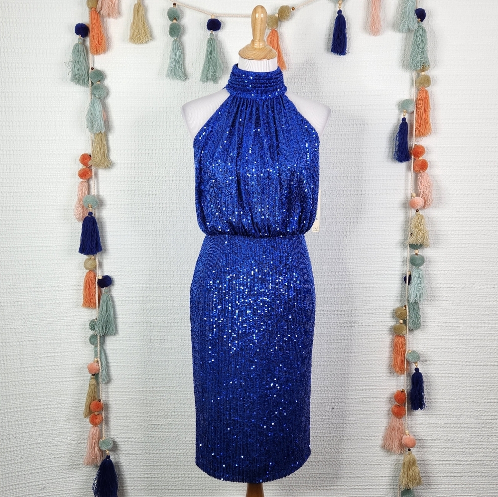 Eliza J Blue Sequin Halter Midi Dress - Picture 3 of 9